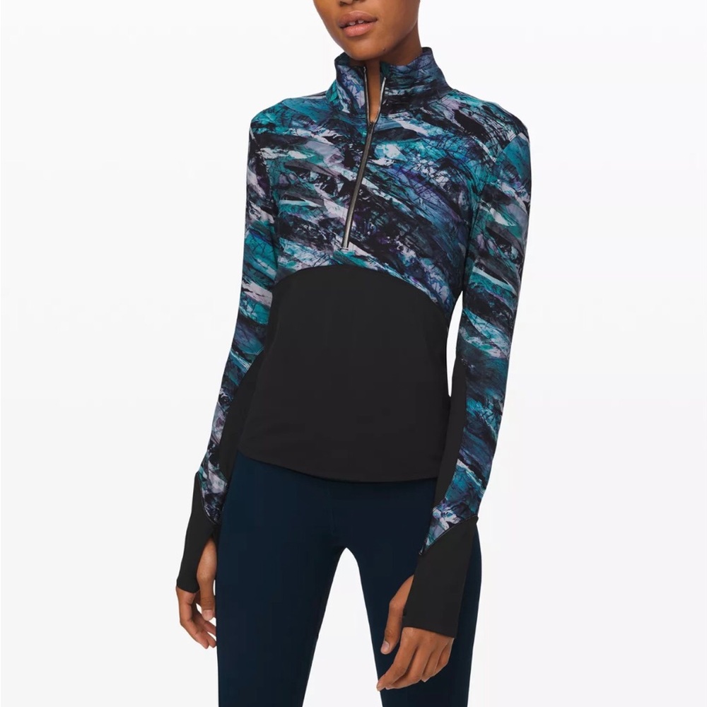 Lululemon New Route 1/2 Zip Pullover Black/Frozen Island Multi color size 6